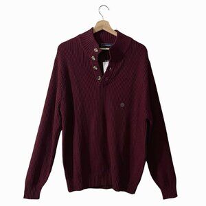 Crown & Ivy Half Button Up Pullover Size Large Mens Red Wine Ribbed Cable Knit